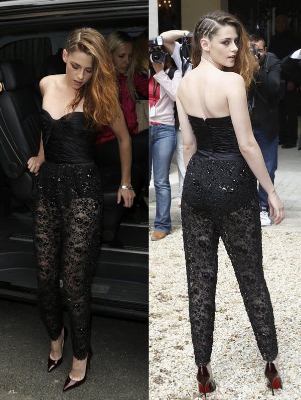 Kristen Stewart's jumpsuit features a ruched strapless corset top and embellished sheer lace cigarette pants