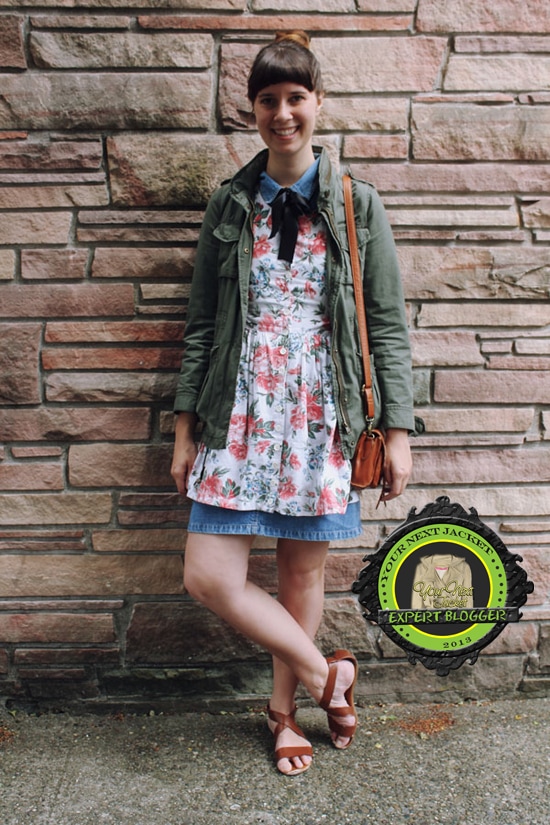 Marilyn creatively layers a charming floral dress under a versatile army green jacket, presenting an innovative and playful summer outfit