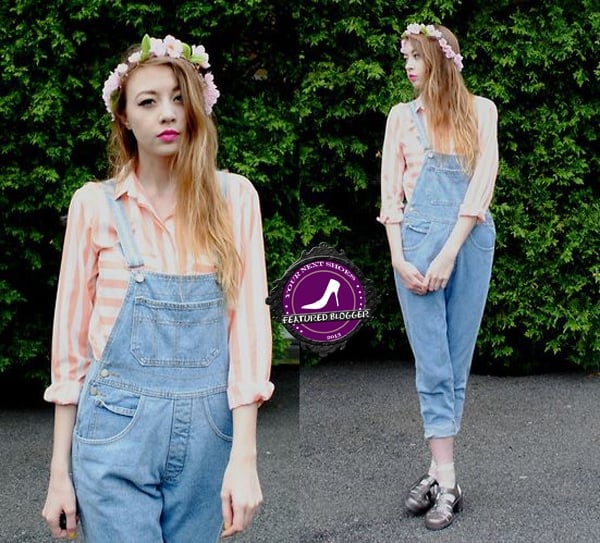 Megan embraces vintage charm with rolled-up denim overalls, a striped peach blouse, silver jelly sandals, and a floral crown for a soft, boho-inspired look
