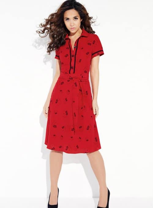 Close-up of Myleene Klass's distinctive dice-print dress priced at £55, from her eclectic fashion collection, ideal for pairing with vintage accessories and hairstyles