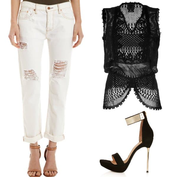 Emulate Heliely's style with NSF boyfriend jeans, an Anna Sui lace top, and Topshop skinny-heel sandals