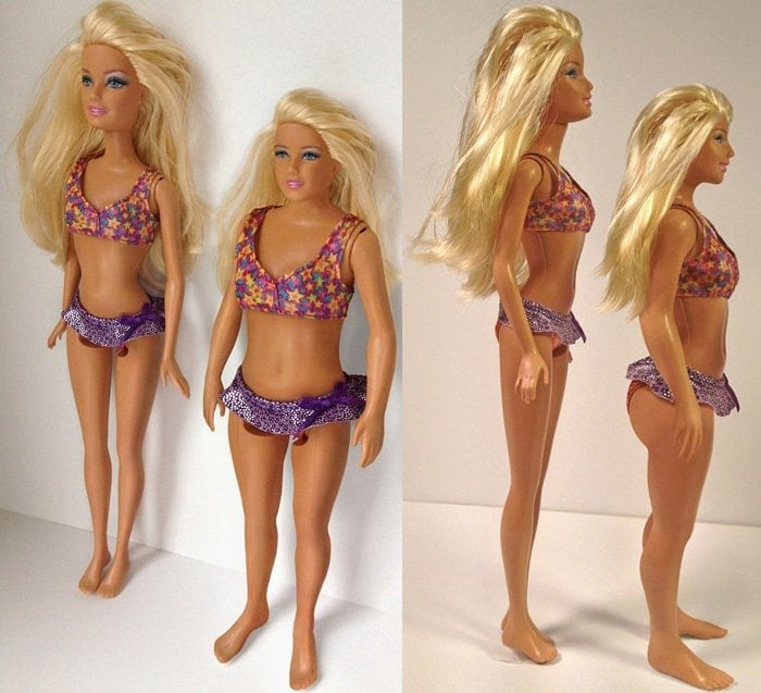 The original Barbie next to artist Nikolay Lamm's normal-sized Barbie