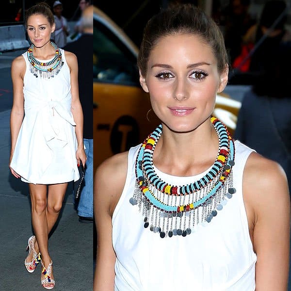 At the "Red 2" screening in New York on July 16, 2013, Olivia Palermo was stylishly dressed in an Alexander Wang white handkerchief tie dress and Christian Louboutin Maotic Brodee sandals