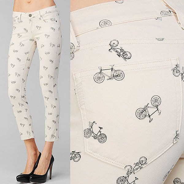 Close-up of Paige Denim "Kylie" Cropped Retro Cruiser Skinny Jeans, known for their unique retro bicycle print, priced at $189