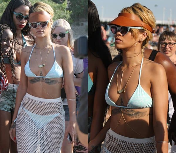 Rihanna styled a Mikoh bikini with a crochet skirt from her collection with River Island and a gorgeous Jacquie Aiche gold body chain