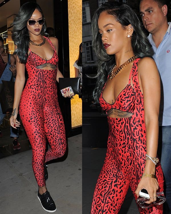 Rihanna spotted at the Roberto Cavalli store on Sloane Street, London, on July 20, 2013, making a style statement with her animal-print jumpsuit and exclusive sneakers