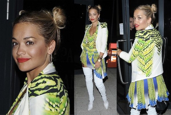 Rita Ora wears Chun Li–style buns on the sides of her head while leaving a close friend's birthday party