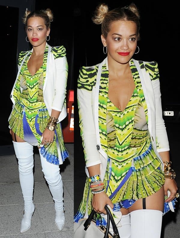 Rita Ora departs The Scotch Club in London, dazzling in a colorful Just Cavalli dress, July 26, 2013