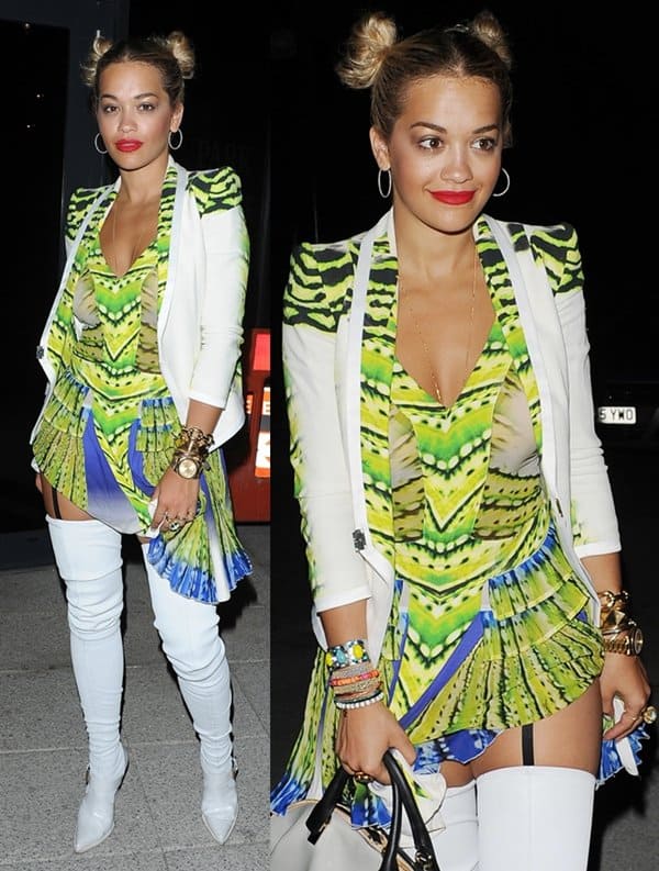 Rita Ora leaving The Scotch Club nightclub in London wearing an eyesore dress