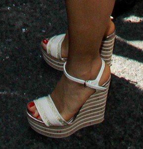 Salma Hayek in Gucci “Vintage Web” Wedges and Casadei Block-Heels