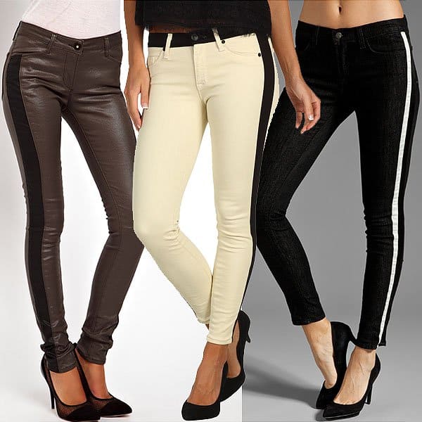 Explore side-striped denim variety: ASOS Coated Skinny Jeans ($67.88), Hudson 'Leeloo' Super Skinny Crop Jeans ($198), and J Brand 'Rowan' Active Stripe Skinny Jeans ($187)