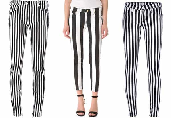 From left to right: Balmain monochrome striped jeans, priced at $1,500; 7 for All Mankind coated striped cigarette jeans, available for $198; and Hudson 'Krista' super skinny jeans, offered at $316