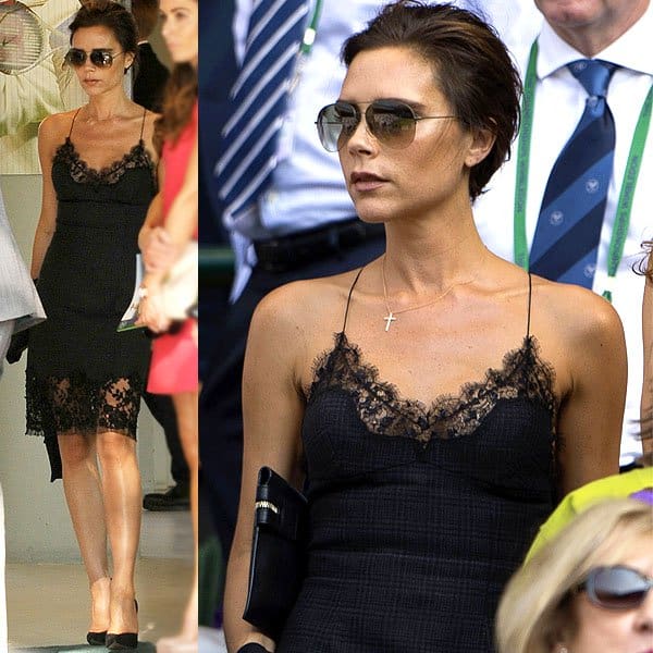 Victoria Beckham wears a slip dress at the Wimbledon Tennis Championships 2013 in London, England, on July 7, 2013