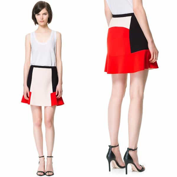 Close-up of the Zara color block combination skirt available for $69.90 – a perfect blend of style and structure with vibrant colors and elegant ruffles