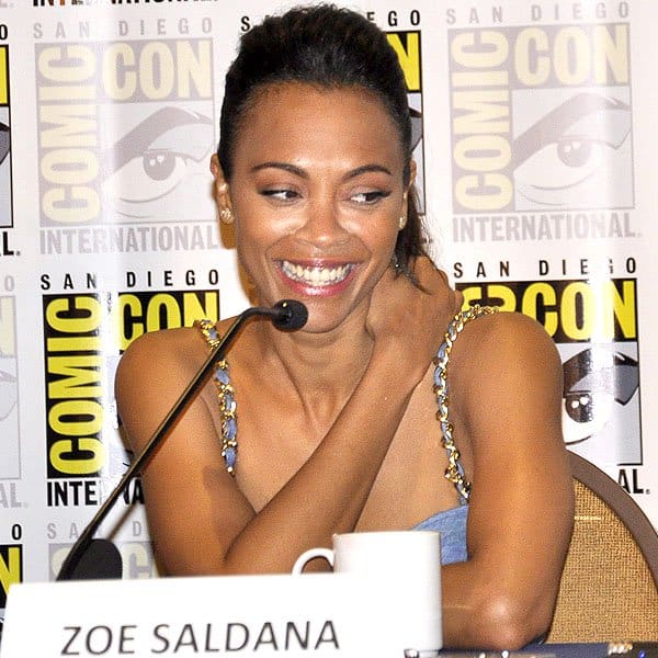 Zoe Saldaña graces the 'Guardians of the Galaxy' panel at Comic-Con 2013 in San Diego, California, radiating elegance in her chic denim-inspired ensemble