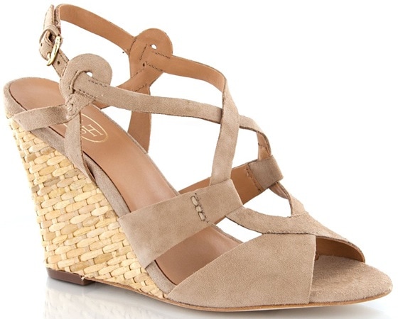 Ash Jade wedge shoes featuring chamois suede crisscross straps, a leather sole, adjustable buckles, and a woven wedge 3.8-inch heel