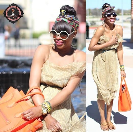 Monica amps up her ruffled dress with bright accessories