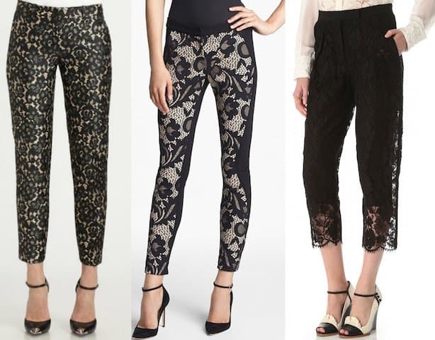 From left to right: Explore chic lace-print pants from Michael Kors, Diane von Furstenberg, and Sonia Rykiel, perfect for achieving a sophisticated look