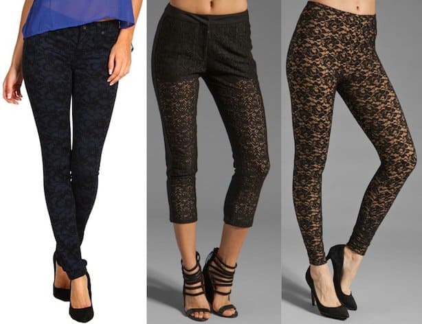 From left to right: Delve into unique styles with lace leggings and trousers from AG Adriano Goldschmied, Funktional, and Norma Kamali