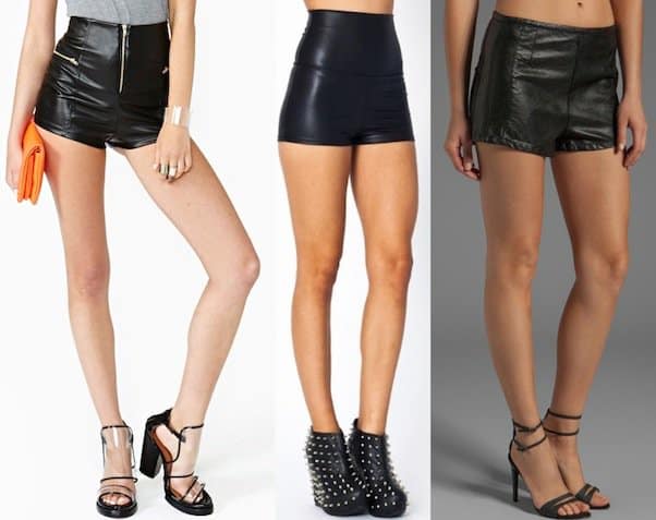 From left to right: Midnight Rocker shorts in black, $52; high-waisted faux leather shorts in black, $14.30; BLANKNYC vegan leather shorts in Coachella, $92
