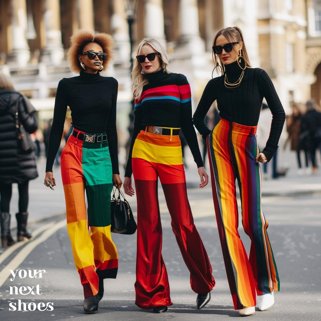 Three fashion mavens command the city streets with their striking ensembles, featuring bold multicolored trousers and sleek black turtlenecks—a symphony of color and sophistication