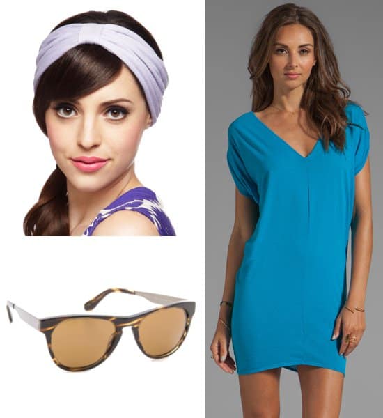 Accessorize like Eva Mendes with a Pastel in the Park Headband and Oliver Peoples Eyewear Braverman Sunglasses, paired with a BOBI Lightweight Jersey Dress for a chic, summery ensemble