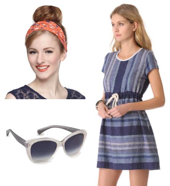 Elevate your summer wardrobe with this stylish ensemble inspired by Eva Mendes: featuring the Calls for Celebration Headband, Alexander McQueen Textured Sunglasses, and the ace&jig Parkside Dress, perfect for any festive occasion
