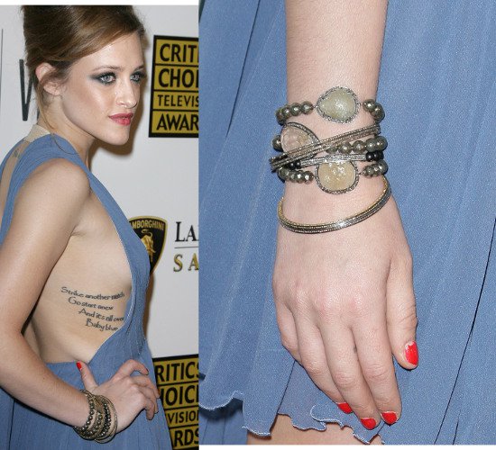 Carly Chaikin at the Critics' Choice Television Awards showing off a stunning arrangement of beaded and stone bracelets alongside her evening attire