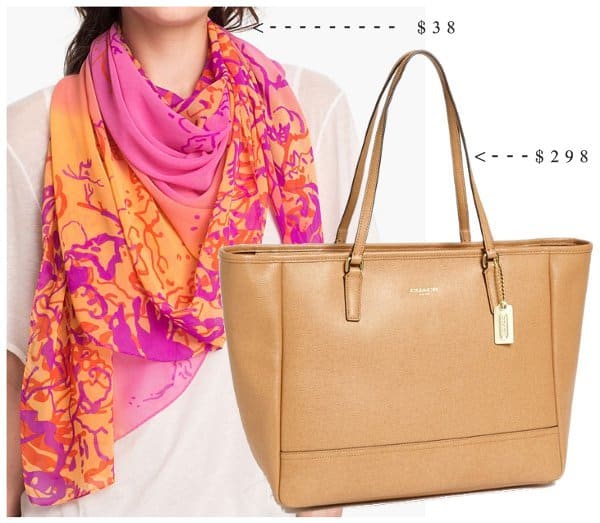 Chic Meets Practical: Coach Saffiano Leather Tote complemented by a vibrant Collection XIIX Scarf