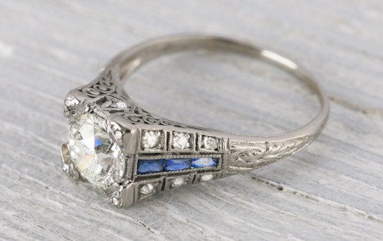 0.97 Carat Vintage Diamond and Sapphire Engagement Ring