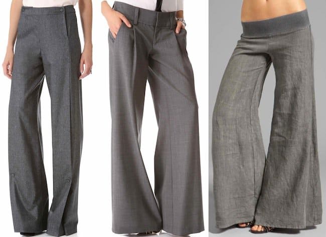 Explore sophisticated wide-leg pant styles: (from left to right) Vionnet's Snap Pants in Asphalt, Alice + Olivia's 'Eric' Pants in Charcoal, and Enza Costa's French Linen Pants in Carbon