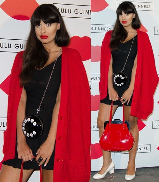 Double the statement: Jameela Jamil elegantly carries the fiery 'Mid Pollyanna' in red patent and the intriguing 'Dial M for Murder Fiona' clutch, making a bold fashion statement at the Lulu Guinness event