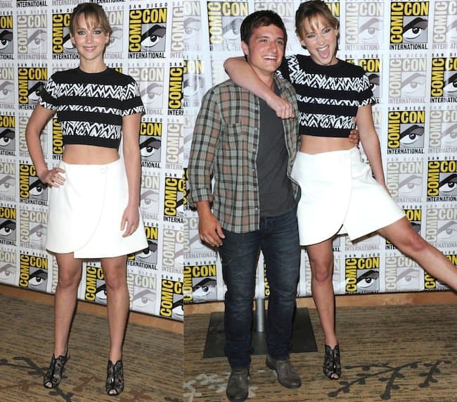 Jennifer Lawrence poses with co-star Josh Hutcherson at the Comic-Con International 2013 - 'The Hunger Games: Catching Fire' Photo Call in San Diego on July 20, 2013