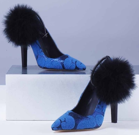 joanne stoker blue lace pumps with pom poms 2