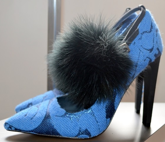 joanne stoker blue lace pumps with pom poms