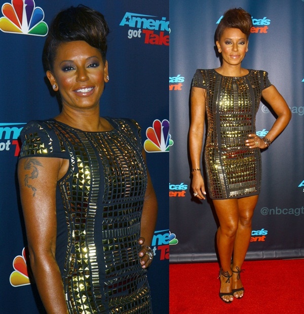 Mel B looked absolutely stunning in a studded mini dress from Unique Heroes, paired with Giuseppe Zanotti sandals at a post-show red carpet event for America's Got Talent