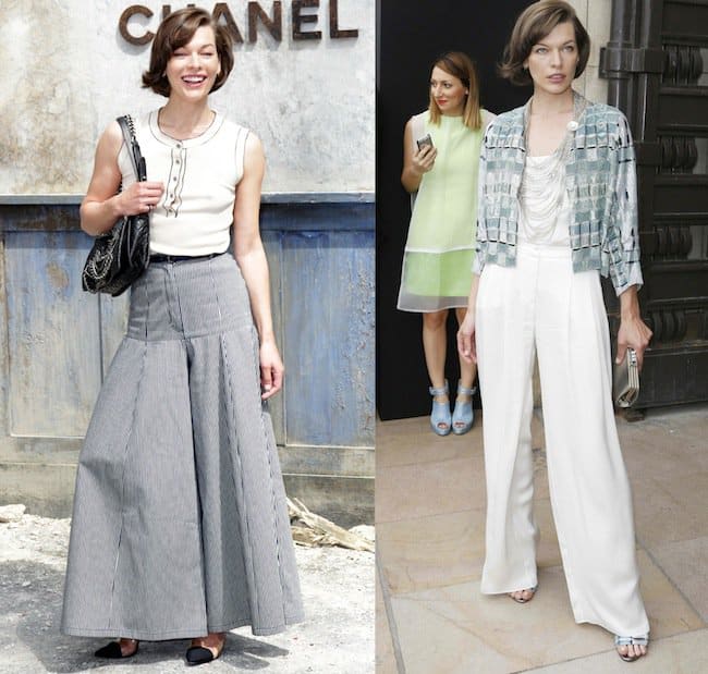 Milla Jovovich attends the Chanel (left) and Armani (right) shows at the Paris Fashion Week Haute Couture Fall/Winter 2013–2014, showcasing her preference for tailored wide-leg pants