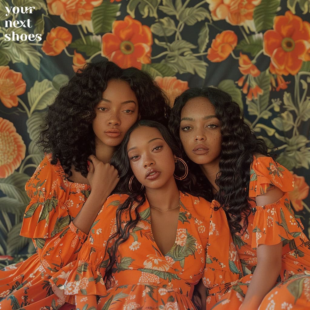 Three women in matching orange floral dresses pose confidently, embodying a harmonious blend of style and sisterhood