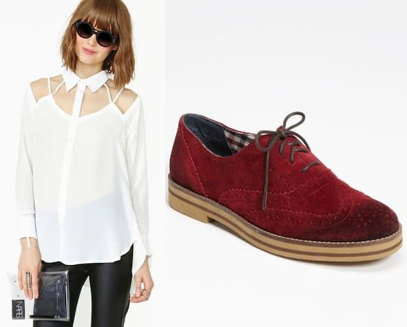 From left to right: Space Between blouse in white, $48; BP. "Caden" oxfords in burgundy suede, $39.96