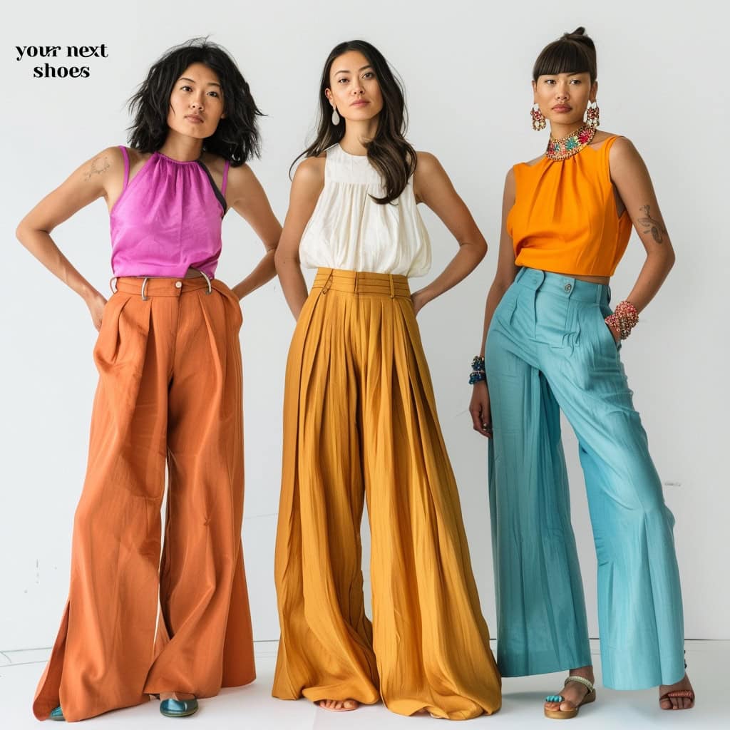 Three women confidently model a variety of vibrant, high-waisted palazzo pants paired with sleek tops, showcasing a bold and contemporary approach to fashion