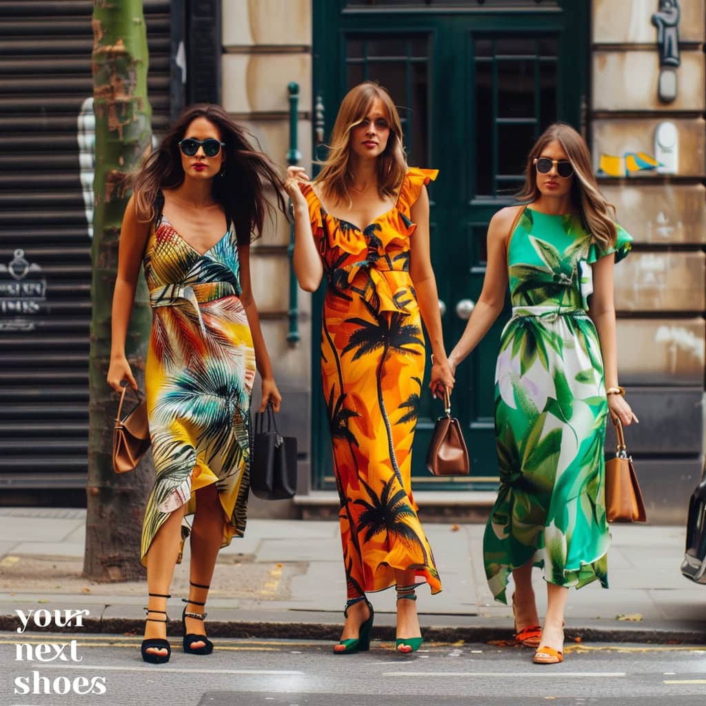 A vibrant parade of summer chic, these three women stride confidently down the street in eye-catching tropical print dresses, embodying the spirit of the season