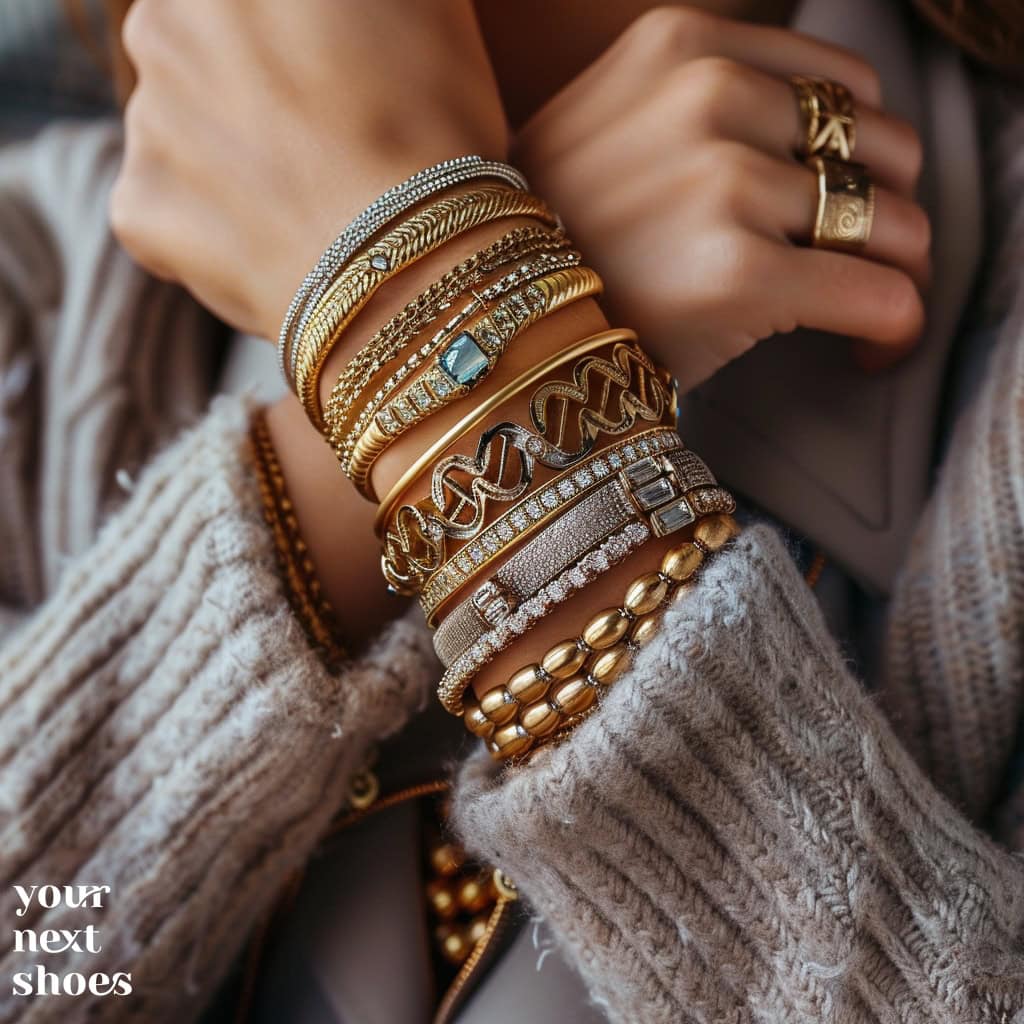 An opulent display of golden bangles, each with unique designs and textures, creates a richly layered bracelet look on a cozy sweater backdrop