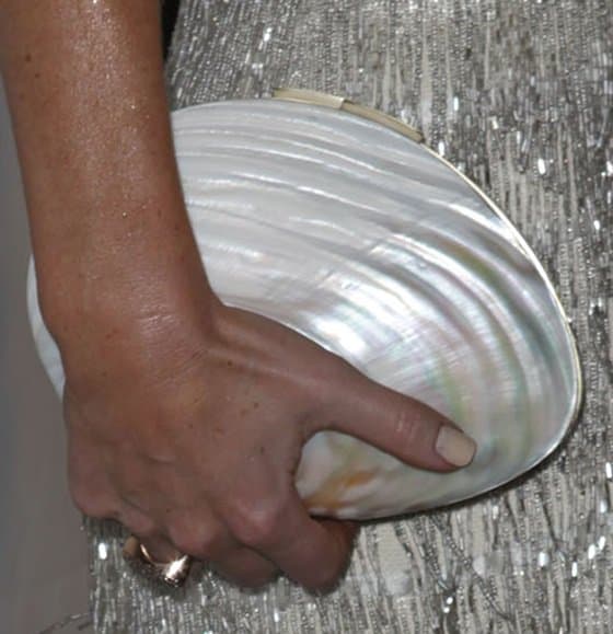 Stefanie Sherk’s iridescent shell-shaped minaudière perfectly echoed the shimmer of her fringed dress, adding a touch of oceanic elegance to her red carpet look
