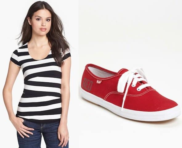 Shown from left to right: Vince Camuto stripe bandage top in rich black, $79; Keds "Taylor Swift RED" champion sneakers in red, $49.95