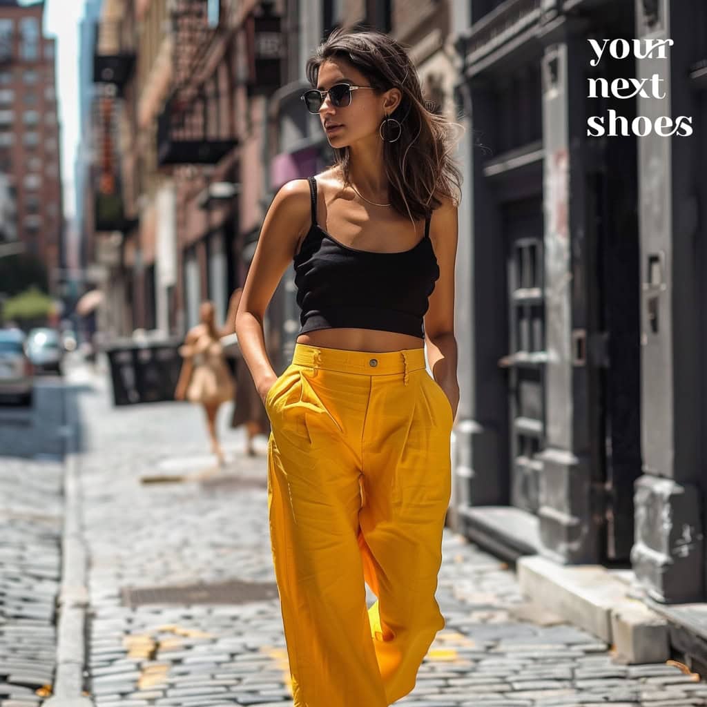 A chic urbanite turns the streets into her runway with high-waisted yellow trousers and a cropped black top, accessorized with hoop earrings and classic sunglasses