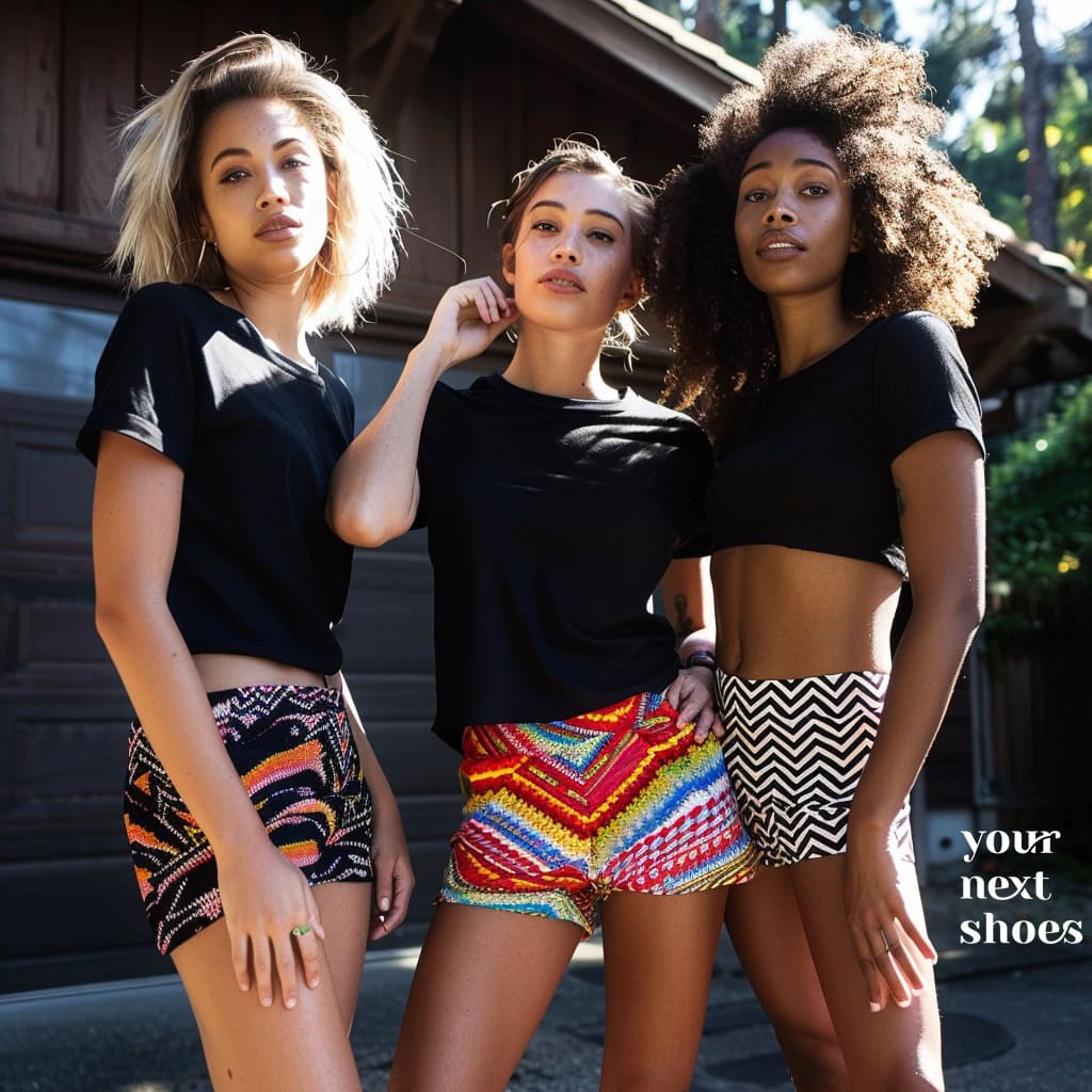 Three women model vibrant, patterned shorts paired with chic black tops, exuding a bold and youthful summer style