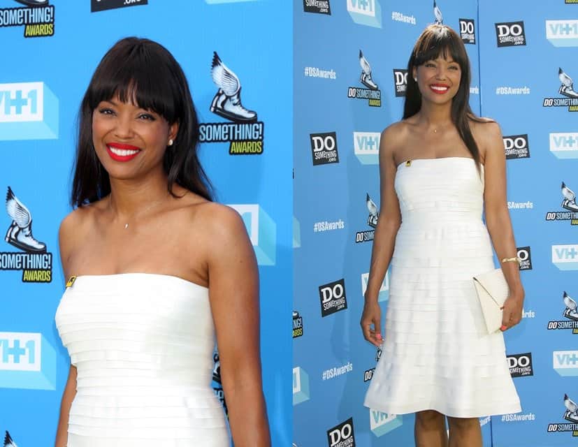 Aisha Tyler attended the 2013 VH1 Do Something Awards wearing a strapless ivory-tiered silk dress from the Tadashi Shoji 30th Anniversary Capsule collection