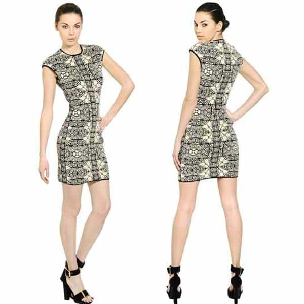 This Alexander McQueen Wool Viscose Jacquard Knit Dress, priced at $1,295, exemplifies sophisticated craftsmanship