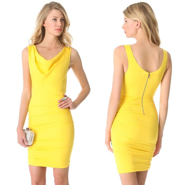 This Alice + Olivia Esme Ruched Dress marries comfort with style, highlighted by its intricate ruching and vivid color