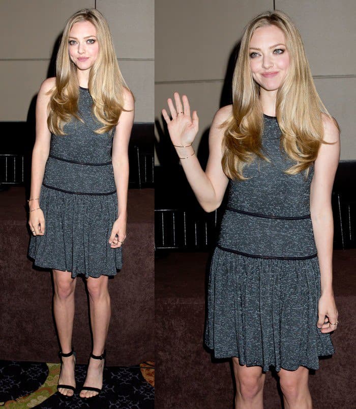 Amanda Seyfried exudes charm in a Tibi grey drop-waist dress from the Pre-Fall 2013 collection at a press conference in the Mandarin Oriental Hotel, NYC